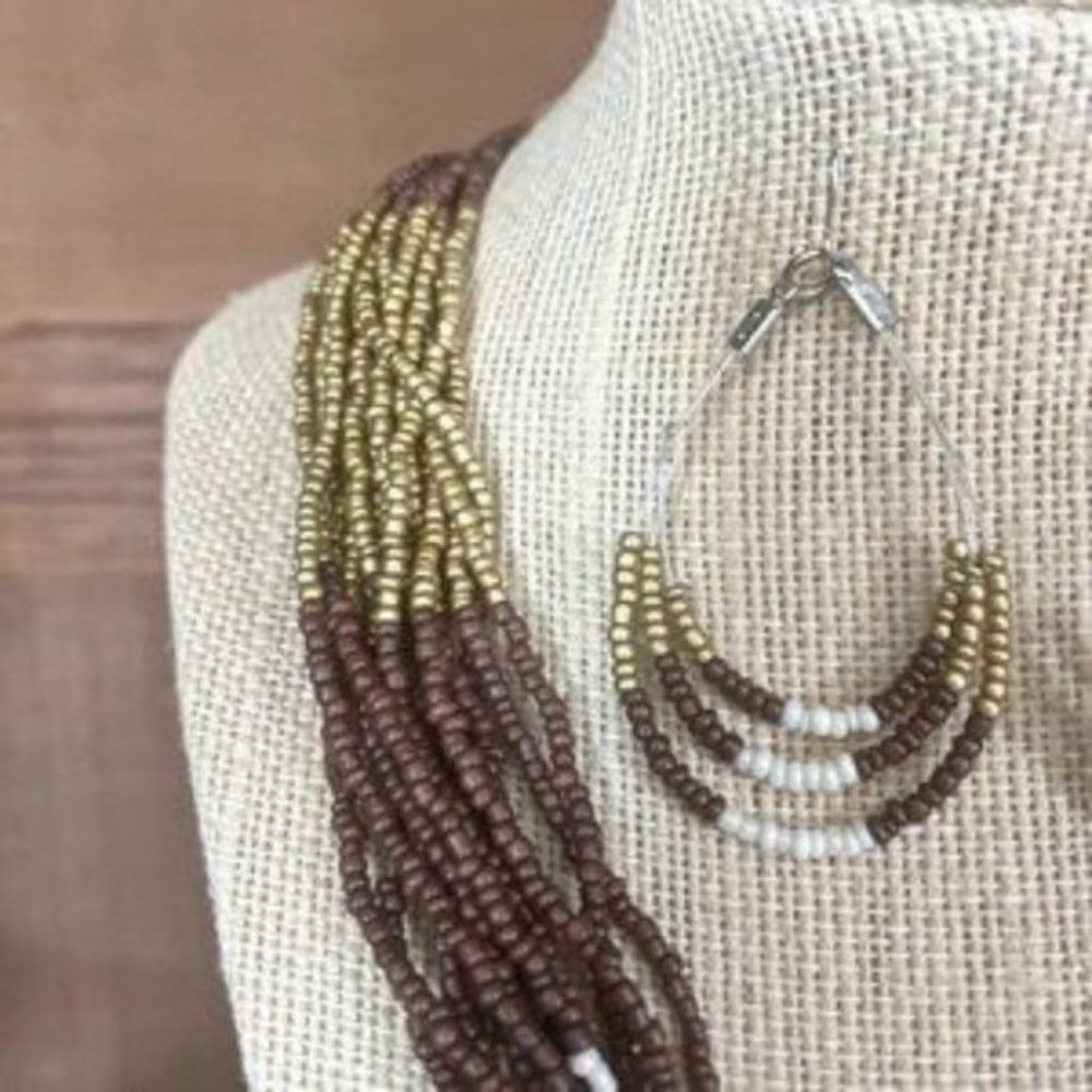 Brown Cream & Gold Multi Strand Seed Beaded Necklace and Earring Set - OS - Picture 4 of 8